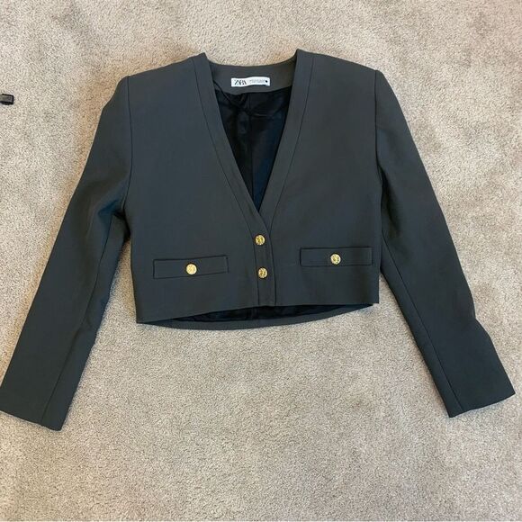 Zara khaki green gray cropped bolero blazer jacket Sz L shoulder pads - Picture 10 of 14